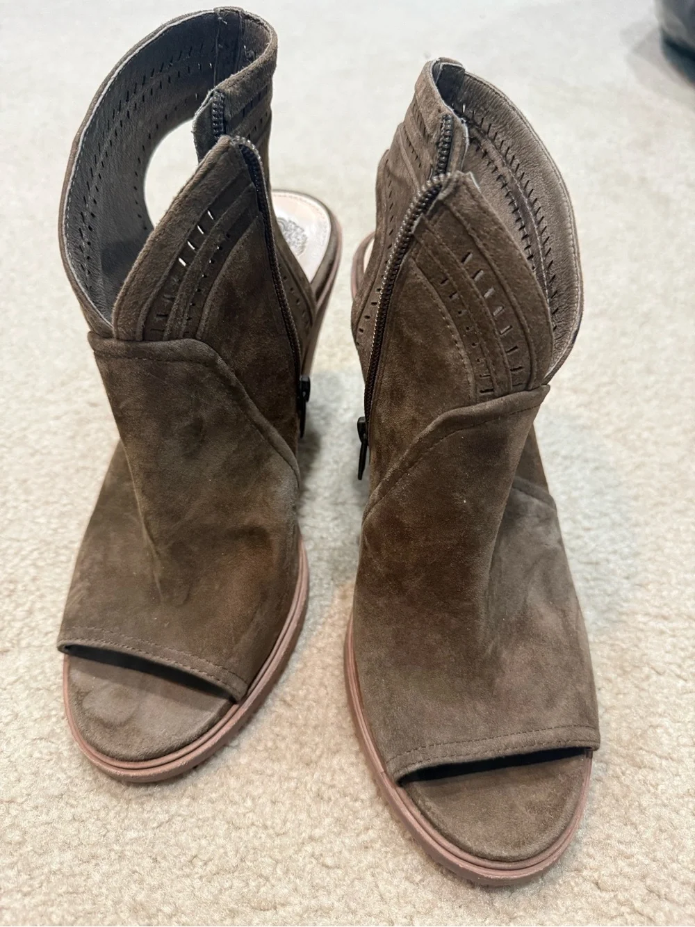 Vince Camuto Taupe Brown Suede Ankle Booties with Stacked Heel